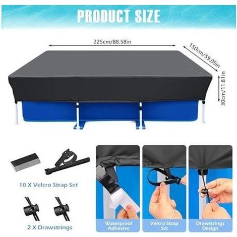 Bâche pour Piscine Rectangulaire - Housse Oxford Coupe-Vent avec Protection UV Piscines Hors-Sol et à Structure Utilisation Été Hiver 225x150x30 CM (1/5)