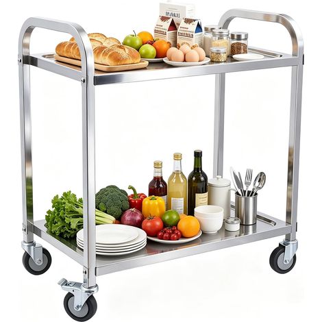 Desserte Cuisine à roulettes 2 Plateaux Chariot de Service INOX Chariot de Restaurant avec roulettes, Rangement Mobile Plateau (1/5)