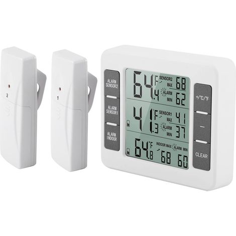Ej.Life Kühlschrank Thermometer Wireless Digital Akustischer Alarm Kühlschrank Gefrierschrank Thermometer mit 2 STÜCKE Sensor Min/Max Display A (1/5)