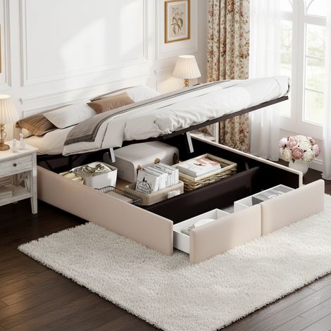 Lit double 140x200 avec rangement – 2 Tiroirs, Sans Tête de Lit, avec Sommier à Lattes – scandinave, Beige (1/5)