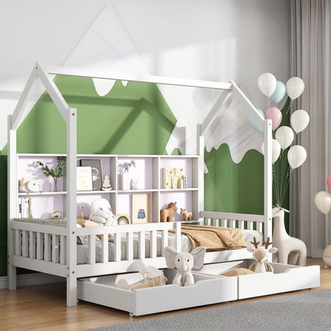 Letto a casetta bambini 90x200 cm con 2 cassetti, libreria e vano portaoggetti, in legno bianco, materasso non incluso (1/5)