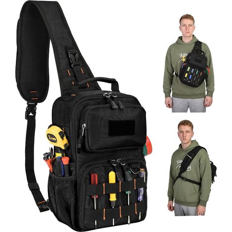 Sacoche à outils d'électricien, sangle tactique à trois points, tissu Oxford imperméable, capacité compacte de 8 litres, 15 poches, poignées rigides. (1/5)