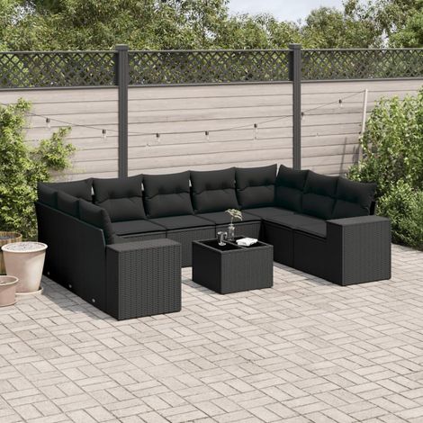 Ensemble Salon Jardin 10 Places Noir Résine Tressée - Canapés Modulaires avec Coussins et Table Verre Trempé (1/5)