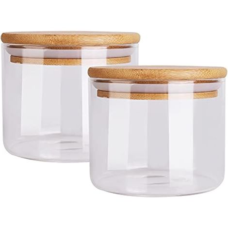 Bocaux Conservation Verre, 2pcs Bocal de Stockage Hermétique Bocal en Verre avec Couvercle en Bambou et Rondelle en Silicone Pot en Verre pour Aliments Secs et Liquides, 450ml (1/5)