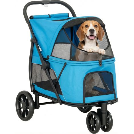 Charrette pliante pour chien à 3 roues Fenêtres en treillis Amortissin lavable Charge tout-terrain 20 kg 92 x 63 x 95 cm Bleu