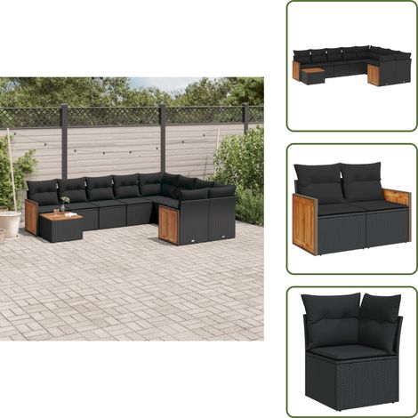 10-tlg. Garten-Sofagarnitur mit Kissen Schwarz Poly Rattan - Gartenmöbel Set - Rattan Möbel - Outdoor Lounge - Esstisch - Sofas (1/5)