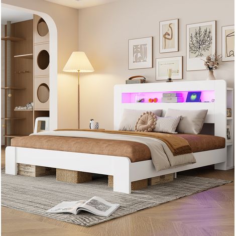 REDOM - Cama doble 180x200 cm - con almacenaje - LED y enchufes de madera - blanca (Sin colchón) (1/5)