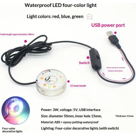 (A3 5V USB)1 Lampe ronde étanche CC USB LED à éclairage coloré avec trou pour aquarium, piscine, décoration lumineuse〔YY32〕 (1/5)