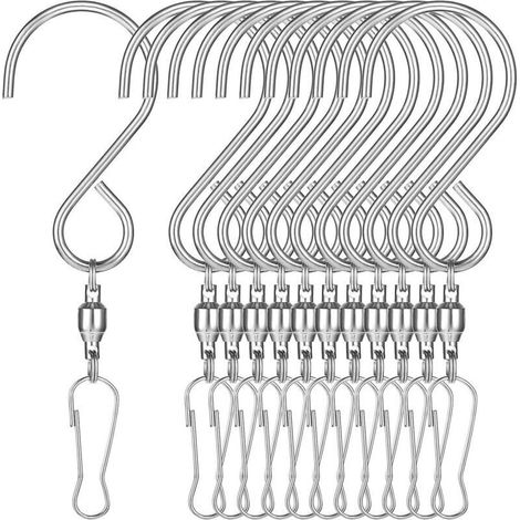 Set di 12 ganci da giardino girevoli in acciaio inox con doppia clip, perfetti per banderuole segnavento, mangiatoie per uccelli, campanelli a vento e altri accessori da giardino (argento) (1/4)