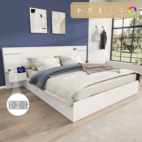 Lit double 160 x 200 cm, en bois, avec port USB, réveil électronique, enceinte Bluetooth, bande lumineuse colorée, matelas intégré, 2 tables de chevet (sans tiroirs), matelas non inclus, blanc