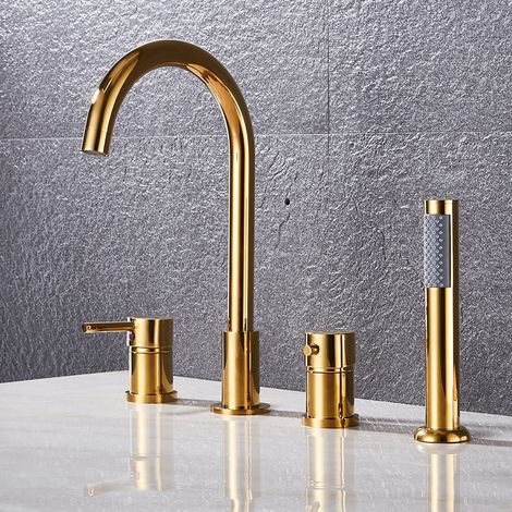 4 Trous Robinet de Douche Chaud et Froid Mitigeur Robinet Douche pour Baignoire Bifonctionnel Robinet Baignoire avec Pommeau de Douchette Extractible,Or (1/5)