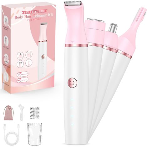 Tondeuse Intime Femme, Rasoir Electrique Femme: 4 en 1 Tondeuse Intime Maillot Rasoir Életctriques Indolore pour Bikini/Aisselles/Jambes/Visage/Bras/Sourcils/Nez, Sec et Humide, Rechargeable (1/5)