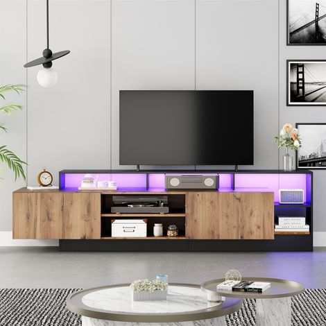 Meuble TV moderne pour écrans 70", rangement ouvert, effet LED, salon/chambre, structure noire et finition bois naturel 190x40x48,5cm (1/5)