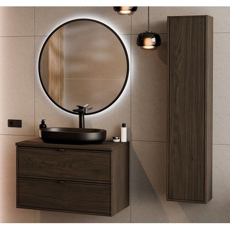 Ensemble Complet Meuble Vasque 80 cm + Plateau + Vasque + Miroir LED + Colonne - L 80 x P 46 x 51,5 cm - Caldera Foncé - Livraison gratuite