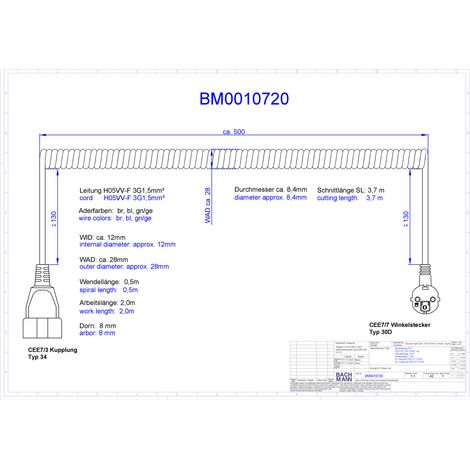 BACHMANN Cavo a spirale H05VV-F 3G1,5mm² L:0,5m ws CEE7/7, BM0010720