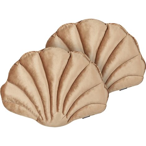 Conjunto de 2 cojines decorativos de terciopelo concha marina forma de vieira patrón liso beige Consolida