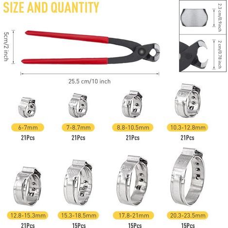 150 Stück Schlauchschellen aus Edelstahl 304 mit Ohrschellen, 6-23,5 mm Crimp-Schlauchschellen-Sortiment, Bündelring-Crimpwerkzeug, ideal für Kfz-, Haushaltsgeräte-Kabel und Rohrleitungen (1/4)