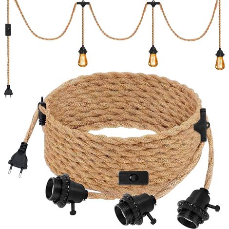 Douille E27 avec Câble 6.8m en Corde de Chanvre Tressée Vintage et Interrupteur, Suspension Douille E27 Corde pour DIY Lampe Suspension Cuisine Cave Loft Entrepôt, 3 Lampe Sans Ampoule (1/5)