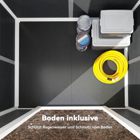 Abri jardin 1,1 m² rangement outillage imitation bois fenêtre toit double pente aération plancher serrure gants gris (1/4)