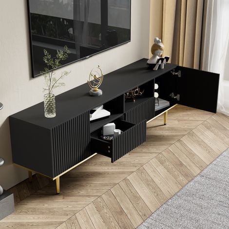 Meuble TV contemporain avec pieds dorés, finitions luxueuses, rangement élégant pour salon. (1/5)