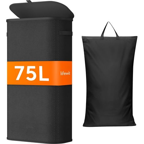 Panier Linge Sale, Bac Linge avec Couvercle, Corbeille Linge avec Plastique Poignées et Sac Linge, Laundry Basket pour Buanderie, Chambre, Salle de Bain, 75 L, Noir (1/5)
