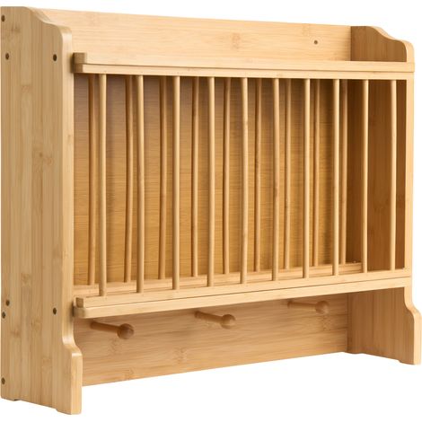 Soporte para platos de bambú para colgar en la pared con ganchos para tazas estante para platos de cocina marrón claro Madeleine