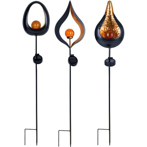 Solarleuchte Flamme Garten Solarstab für Außen Solar Garten Deko für Außen mit Erdspieß und Flammeneffekt, Metall Glas, 1x LED, H 93 cm, 3er Set