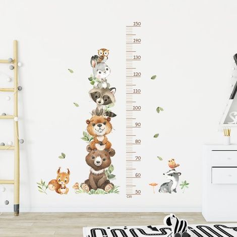 Stickers muraux avec toise pour enfants, 50 x 150 cm, avec animaux de la forêt, stickers muraux animaux de la forêt pour enfants, stickers muraux animaux pour enfants (1/5)