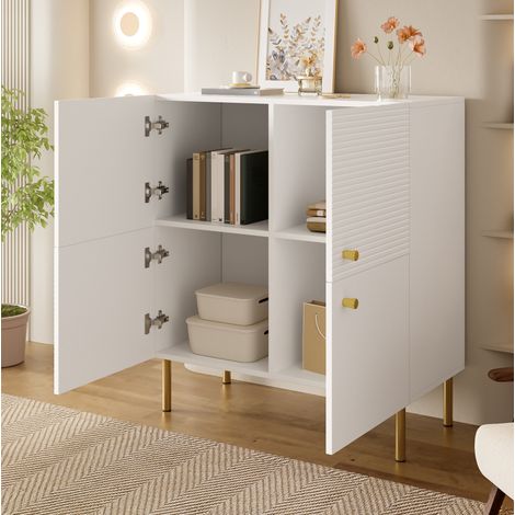 Sideboard 80x36x90 cm, ante con linee verticali, maniglie in lega di zinco, gambe in acciaio, MDF bianco (1/5)
