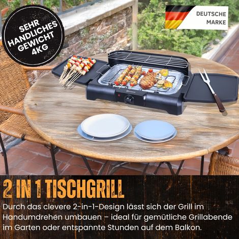Sommertal BBQ231 Elektrogrill Balkongrill 2200W Camping Grill 2in1 Tischgrill mit Standfuß Stufenloser Temperaturregler Ablagefläche