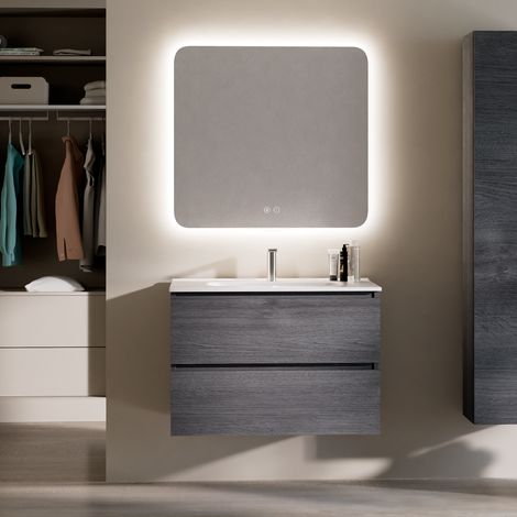 Feel Your Bath, Mueble De Baño PANTER  Color Gris Antracita 80 cm, 2 Cajones, Encimera Cerámica Integrada Y Espejo Cuadrado LED Antivaho (1/5)
