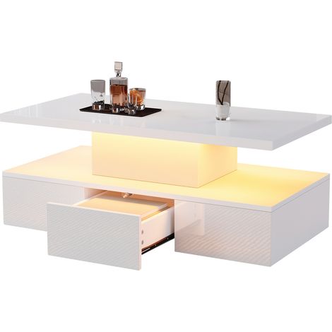 Table basse à deux niveaux pour salon avec LED 16 couleurs, table brillante avec étagère ouverte et 1 tiroir coulissant, petite table rectangulaire, blanc