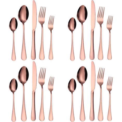 Ménagère en acier inoxydable or rose, 20 pièces, finition miroir, compatible lave-vaisselle, pour 4 personnes. (1/5)