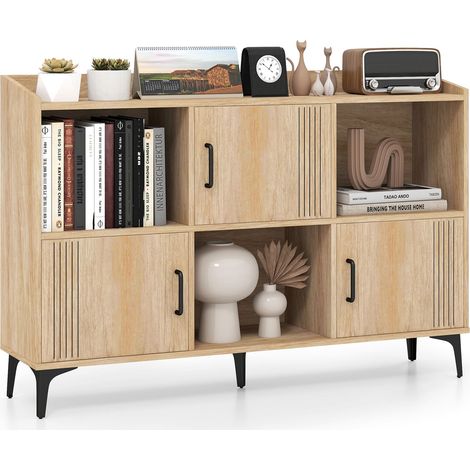 COSTWAY Sideboard Storage Cabinet Bookcase with 3 Doors & Open Compartments Oak (1/5)