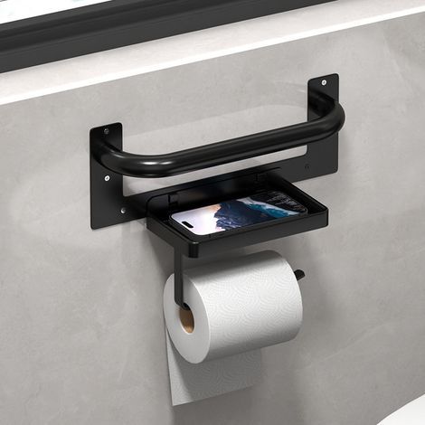 3-in-1 metal wall-mounted toilet paper holder with shelf and handle: the black toilet roll holder also serves as a grab bar. (1/4)