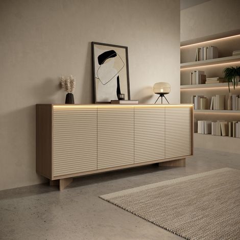 Credenza Hataga, Madia 4 Ripiani, Apertura Battente, 4 Ante, 204x40x84h cm Marrone Rovere (1/5)