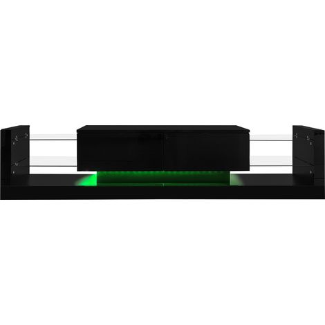 Meuble TV noir laqué avec éclairage LED, 181 cm – pour TV jusqu'à 80 pouces, façade en verre, deux tiroirs rabattables (1/5)