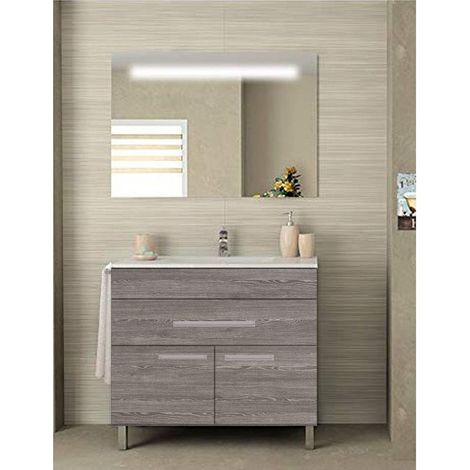 Ensemble de salle de bain Bahia avec 2 portes et 1 tiroir - 7 couleurs différentes - 15 dimensions - Avec meubles, lavabo et miroir - Chêne Smoky 60x35Cm (1/3)