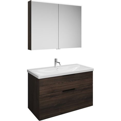 Burgbad Eqio Badmöbel-Set, mit Keramikwaschtisch + Unterschrank und Spiegelschrank, mit Griffleiste Marone Dekor Trüffel/Alpinweiss 103 cm Schwarz matt