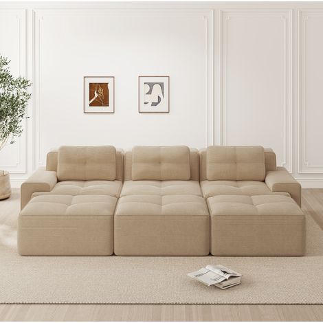 Sofá modular esquinero beige en pana con función cama y 3 pufs (1/5)