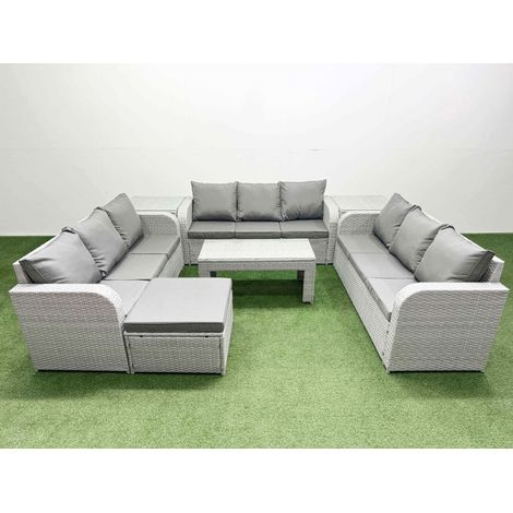 Fimous PE Rattan Lounge Sofa Set 10 Seater Outdoor Garden Furniture Set with Oblong Coffee Table 3 Seater Sofa Big Footstool 2 Side Table Light Grey (1/4)
