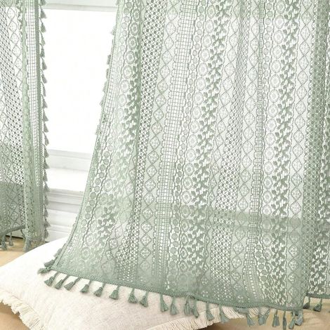 Rideaux en coton à poche pour tringle, à glands, au crochet bohème avec dentelle ajourée, rideaux d'intimité pour chambre et salon, 2 panneaux, 63 pouces (1/4)