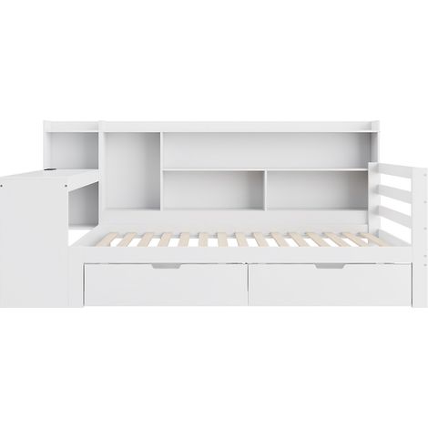 Lit banquette en bois massif, lit multifonction blanc avec bureau intégré et rangements, lit simple 90x200 cm pensé pour optimiser l'espace. (1/5)
