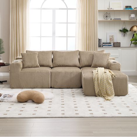Modulares Ecksofa 257x160x62 cm khaki aus Cord mit Chaiselongue, 5 Kissen, Seitentaschen und Getränkehaltern (1/5)