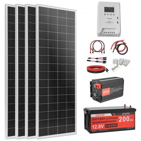 Kit Solaire Complet Hors Réseau 400 W 12 V 4 Panneaux Solaires Monocristallins 100 W,Batterie LiFePO₄ 12,8 V 200 Ah,Contrôleur de Charge MPPT 40 A,Onduleur 2000 W,pour Camping-car,Maison (1/3)