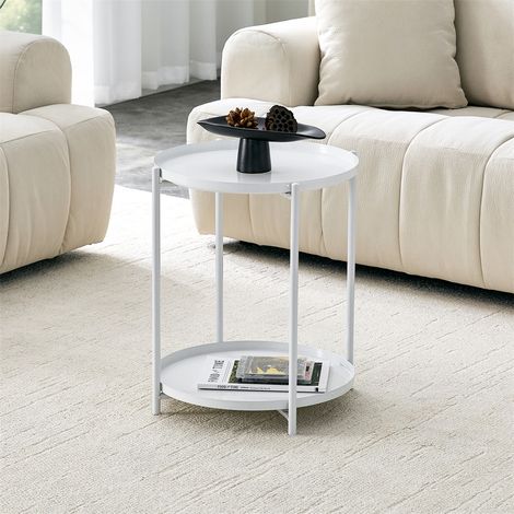 Table Basse Ronde d'Appoint - 42x42x52cm - Bout de Canapé à 2 Niveaux avec Structure en Métal Style Scandinave - Blanc (1/5)