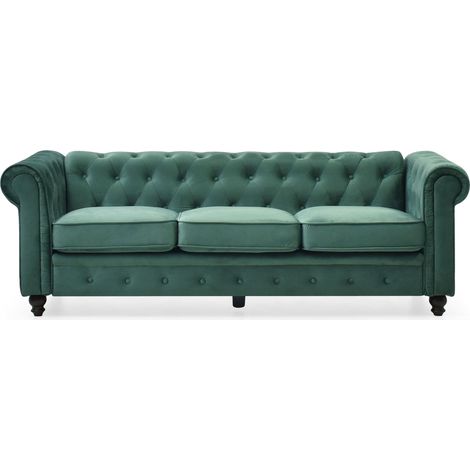 Canapé Chesterfield 3 Places en Velours Vert – Grand Canapé Capitonné Style Anglais Classique – Design Élégant pour Salon et Séjour – L203 x P84 x H67 cm (1/5)