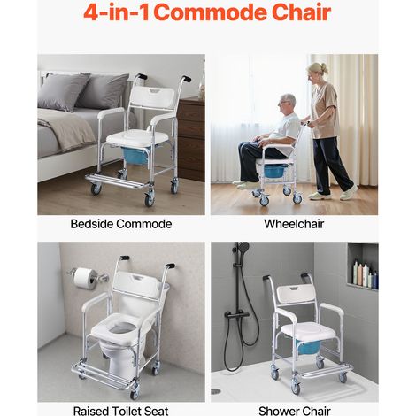 Chaise Percée avec Roulettes Charge 159 kg, Siège de Toilette Surélevé avec Dossier Rembourré et Repose-pieds Rabattable, Chaise de Nuit avec Seau Amovible de 5 L, pour Personnes Âgées (1/5)