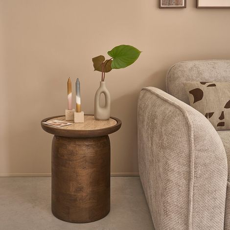 Table d'appoint en bois de manguier et travertin (1/4)