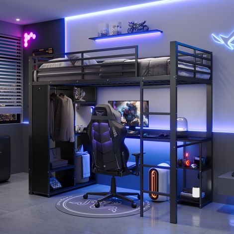 Lit mezzanine 90x200cm en métal avec ruban LED,ports USB et Type-C,bureau,2 prise avec étagères,penderie ouvert,cadre de lit superposé simple,Noir (1/5)